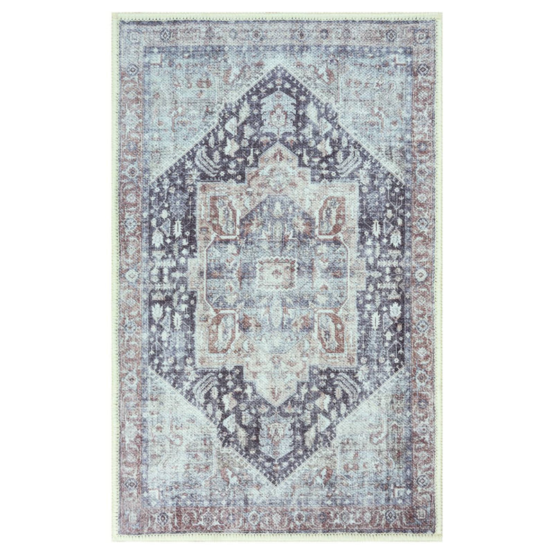 GLN Rugs Vintage Collection - Machine Washable Area Rug, Vintage Washable Rug, Non Slip Area Rug, Low Pile Living Room Rug, Bedroom Rug, Bathroom Rug - Easy Clean (Brown and Gray Area Rug)
