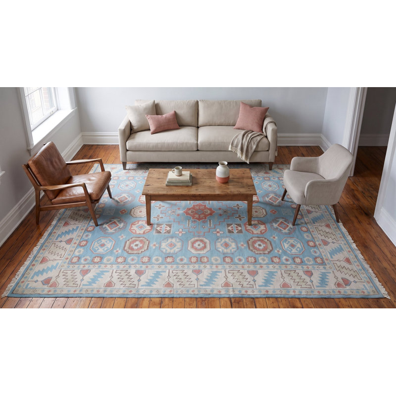 Tapis traditionnel en laine noué à la main bleu clair Keeley