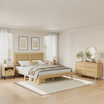 Ensemble de chambre à coucher en rotin 4 pièces Aimara, commode à 6 tiroirs en rotin 51 po, ensemble de lit plateforme et table de chevet grand format 2 pièces, meubles de lit en bois