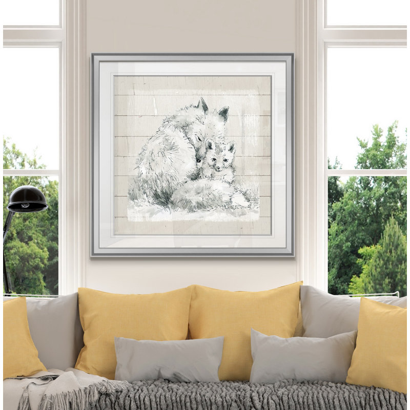 «Sketchy Mother and Baby Fox», peinture, H 16 po x l 16 po x P 1,5 po, Encadrement argenté