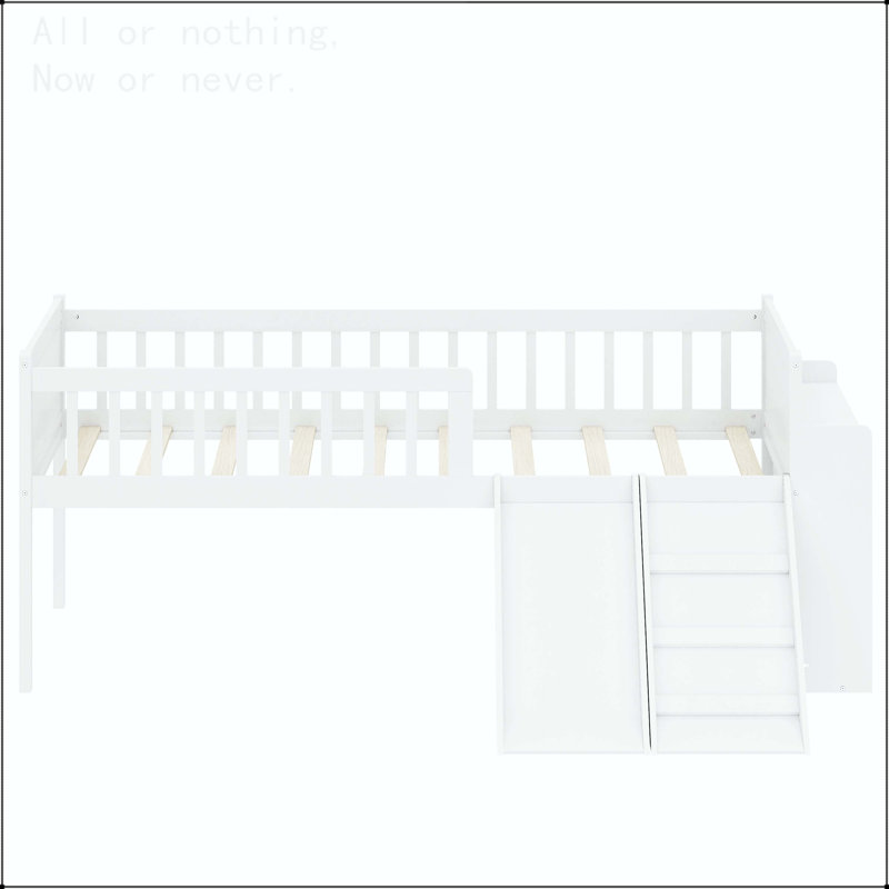 Twin Size Bed Frame with Storage Shelf, Slide, and Ladder, White