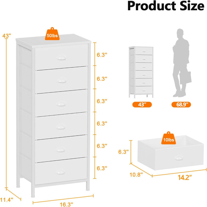 White Tall Dresser for Bedroom,Vertical Storage Tower Unit and End Table with 6 Drawers, Nightstand Furniture with Fabric Drawer Organizer in Living Room,Closet,Entryway,Hallyway