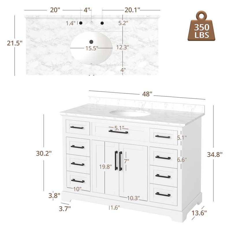 White 48'' Single Bathroom Vanity with Engineered Marble Top