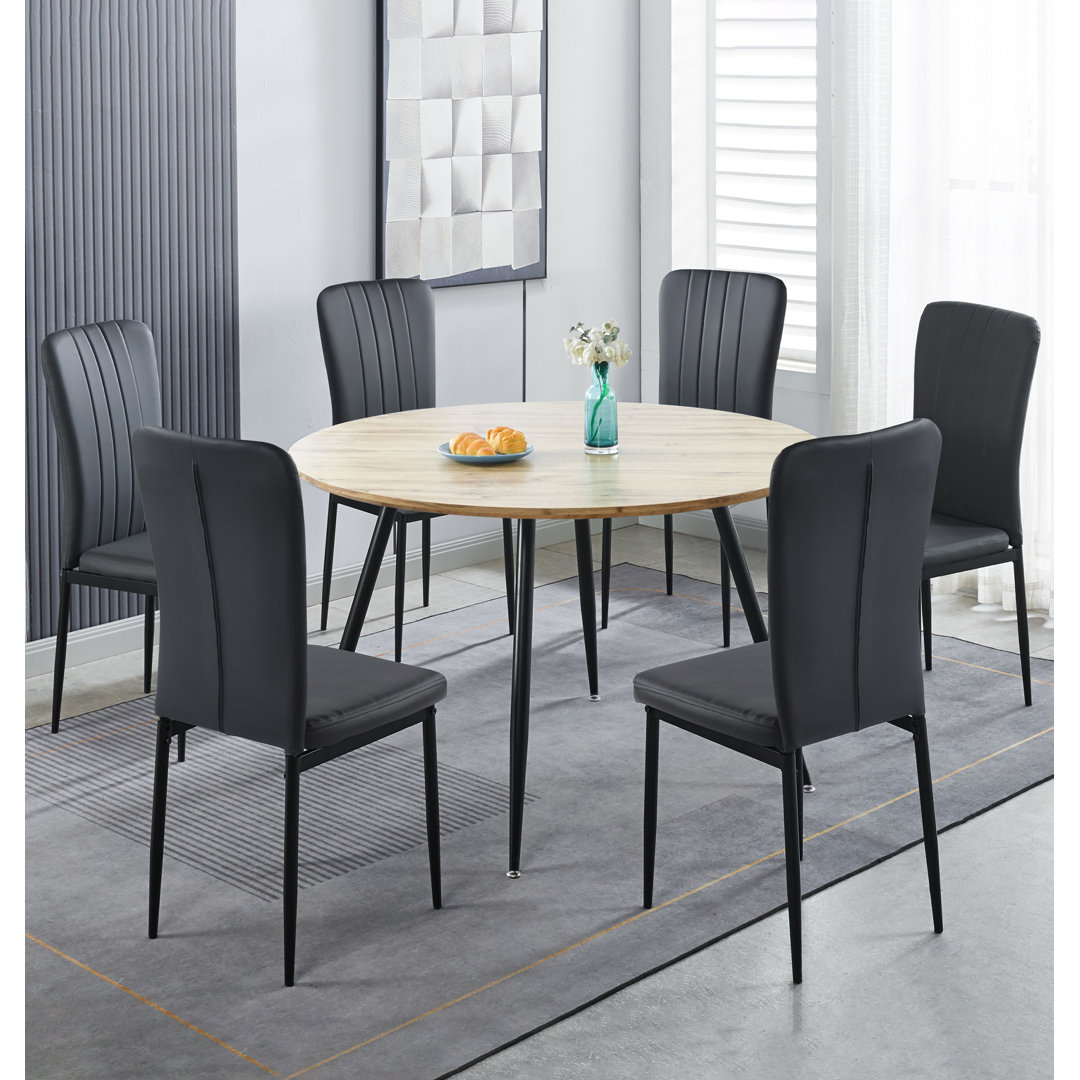 Cullompton Large Round Dining Table 120Cm, Marble Effect Top, With 6 Black Faux Leather High Back Chairs