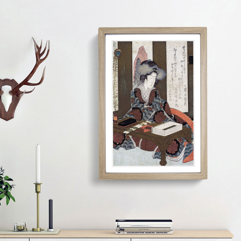 Lady Writing a Poem by Yashima Gakutei - Picture Frame Painting Print, 36cm H x 27cm W x 2cm D, Oak Framed