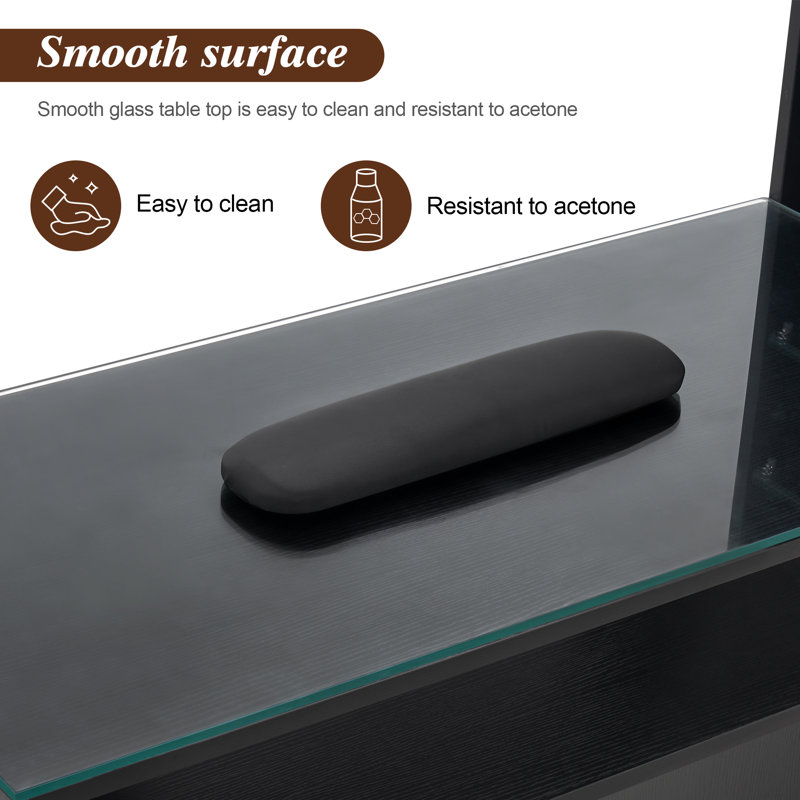 Classic Nail Desk with Glass Table Top, Glass Shelves and Lockable Drawer, Vanity Makeup Desk, Black