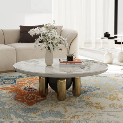 39" Round Metal and Stone Coffee Table with Hemisphere Base, Modern Luxury Design by Everly Quinn