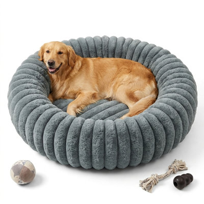 Coussin apaisant rond en peluche avec rebord surélevé, coussin douillet en forme de beigne pour chats et chiens, gris