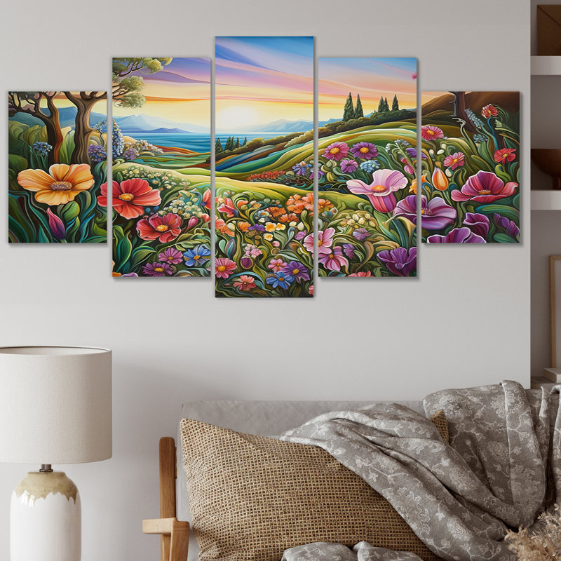 Célébration du printemps, campagne sauvage, impression sur toile - 5 panneaux