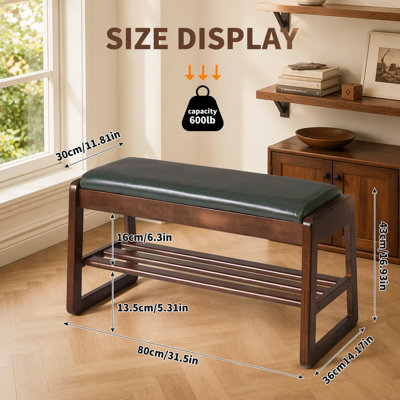 Wood Shoe Storage Bench 31.5 Inch with Premium Vegan Leather Seat, Hidden Lift Top Storage  Tiered Open Shoe Shelves, Sturdy Shoe Rack Bench for Entryway Bedroom