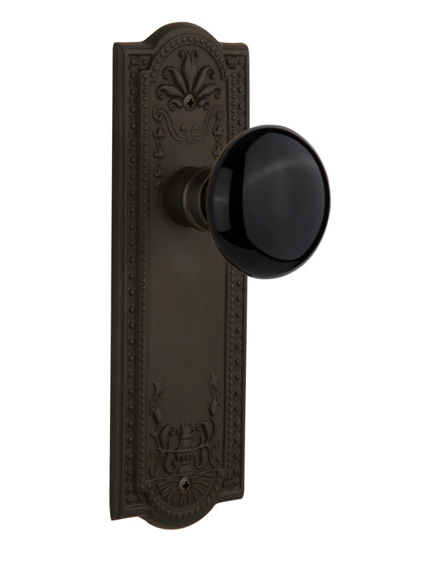 Plaque Meadows avec bouton de porte en porcelaine noire, Bronze frotté à l'huile