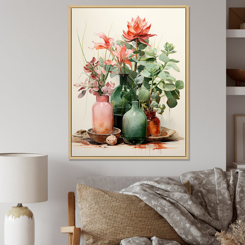 Art floral floral poterie perfection I - Boho, Encadrement doré, H 32 po x l 24 po