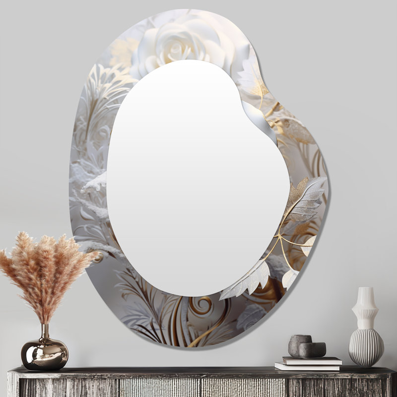 Feuilles éthériques dorées - gris et gris - gris, miroir mural asymétrique