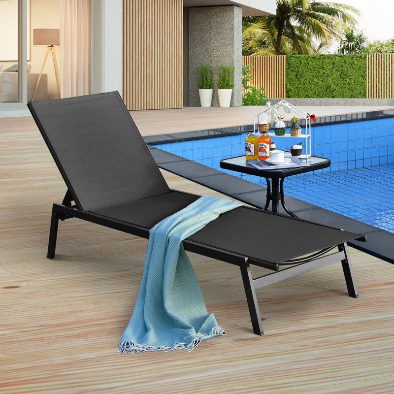 Chaise longue de patio Heroux Patiojoy avec dossier réglable à 6 positions et tissu respirant noir, Noir