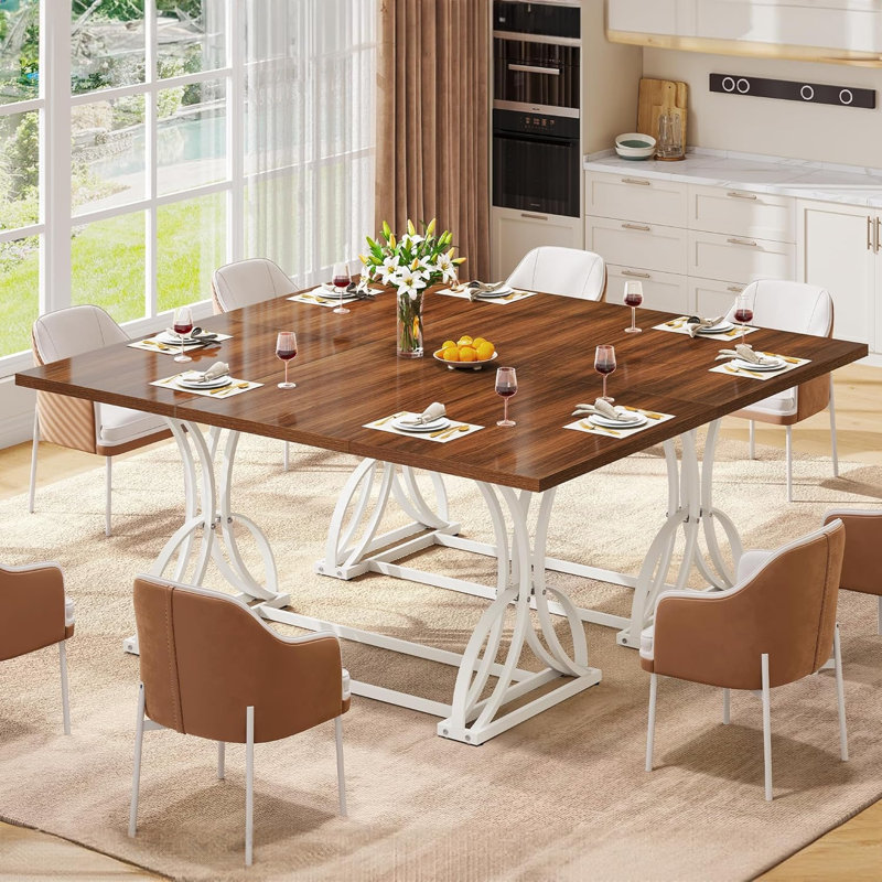 70.3" Large Modern Dining Table For 6-8 People, Rectangular Walnut Kitchen Dining Room Table With Thick Tabletop And White Geometric Metal Legs, Farmhouse Wood Dinner Tables