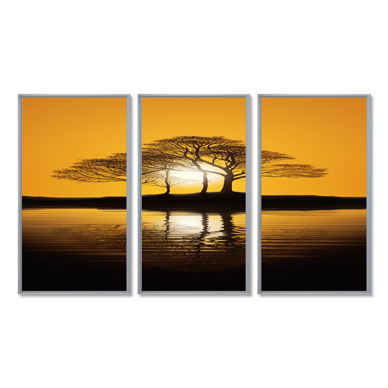 Coucher de soleil jaune à travers l'arbre noir - ensemble d'art mural chêne, Encadrement argenté, H 40 po x l 60 po x P 1 po