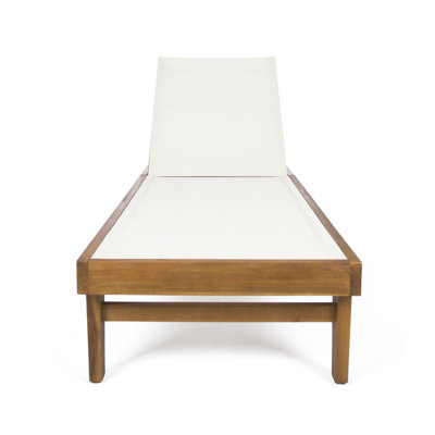 White Mesh Chaise Lounge For Sunbathing - Wood Deck Backyard Relaxation