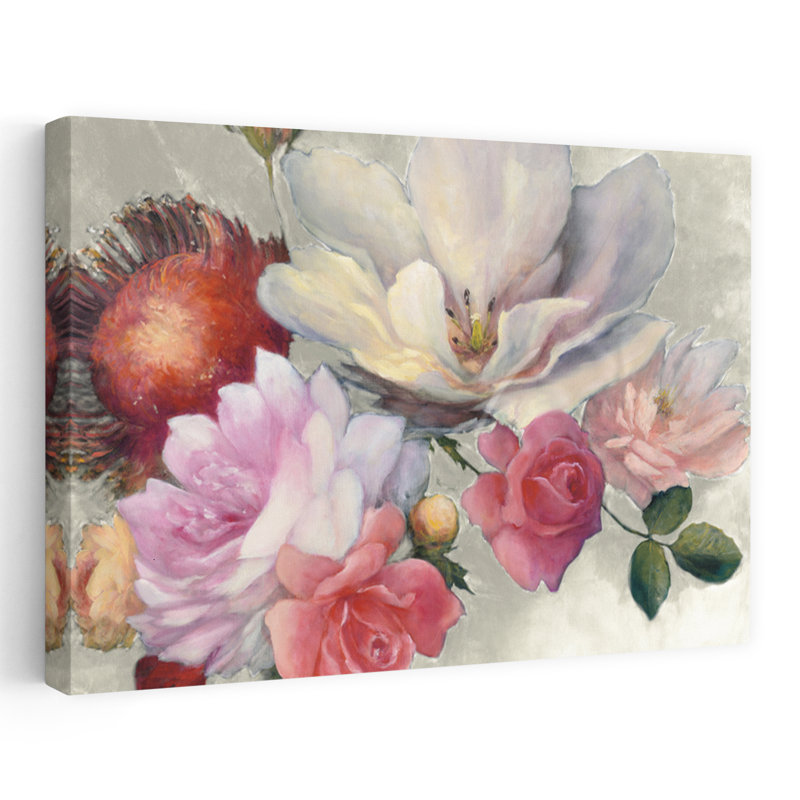 Flemish Fantasy On White - Blue Cream Florals Flowers Art, 16" H x 24" W