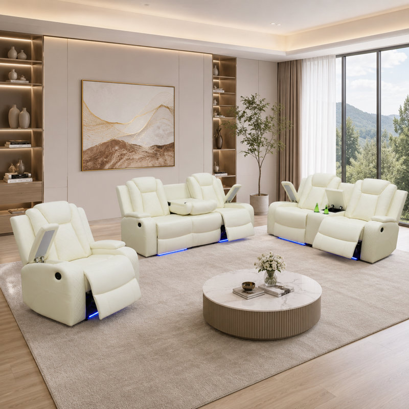 Ensemble de salon Dillard 3 pièces avec fauteuils inclinables électriques, chargeur sans fil, ports USB, console de rangement et éclairage DEL bleu