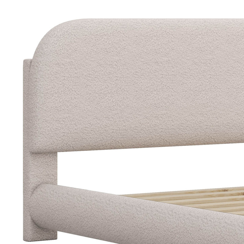 Lit plateforme en tissu d'ameublement Teddy, Beige, Grand lit