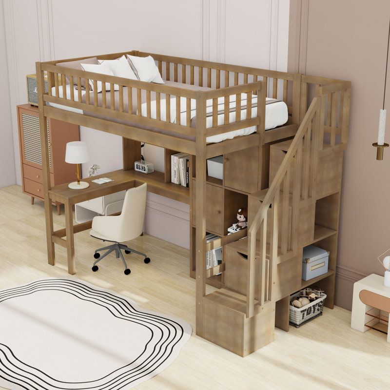 Lit mezzanine simple en bois avec tablettes, bureau, lumières DEL et escalier de rangement, Noyer