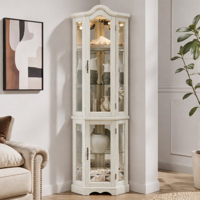 Curio Cabinet Lighted Glass Display Curio Cabinet W/Tempered Glass Doors And Shelves, Crown Corner Cabinet With Bulb, Corner Storage Decoration For Living Room And Bedroom WHI