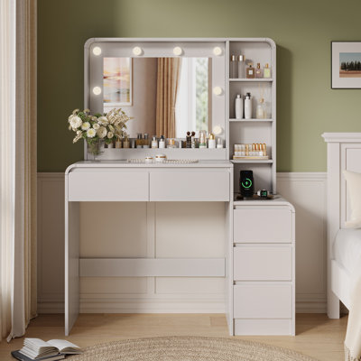 39" Modern White Makeup Vanity Desk with LED Light Mirror and Charging Station, 5 Drawers & 3 Shelves