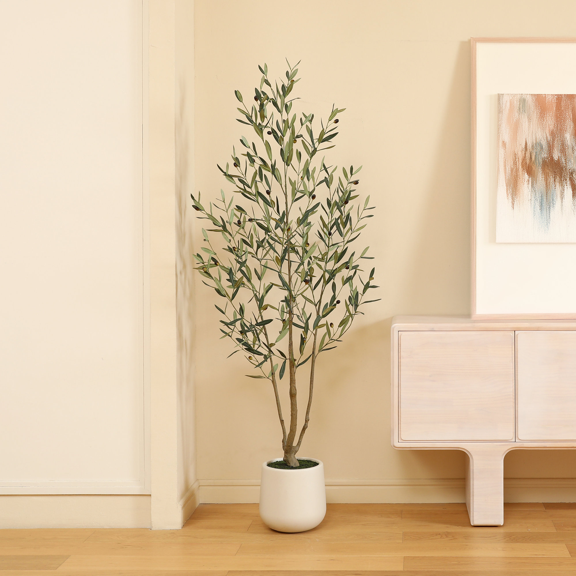 AdcockFaux Olive Tree with Round White Planter, Pre Potted Fake Greenry Olive Plant for Home Decor, 72" H x 24" W x 24" D