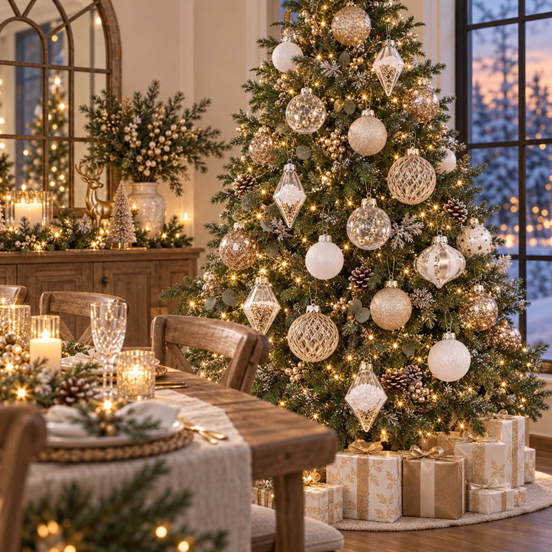 Ensemble de 34 boules de Noël incassables de couleur champagne blanc