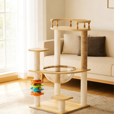 Tour pour arbre à chat 32,2 po pour l'intérieur, mettant en vedette des poteaux à gratter couverts, un perchoir supérieur, de l'acrylique et des rassemblements amusants remplis d'amusement équipés de jouets aimants