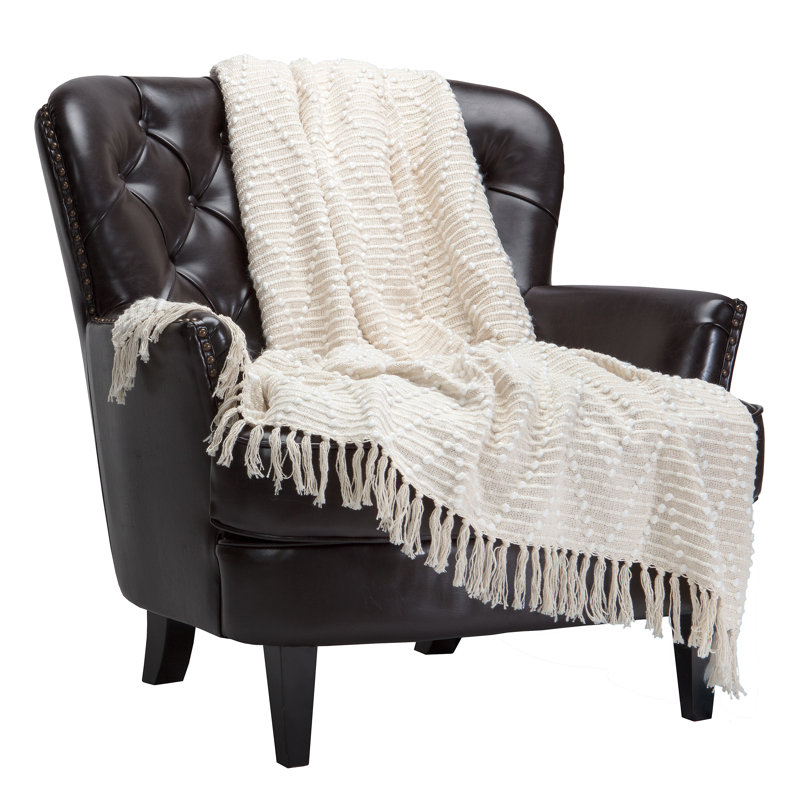 Jeté en coton doux orné, Crème
