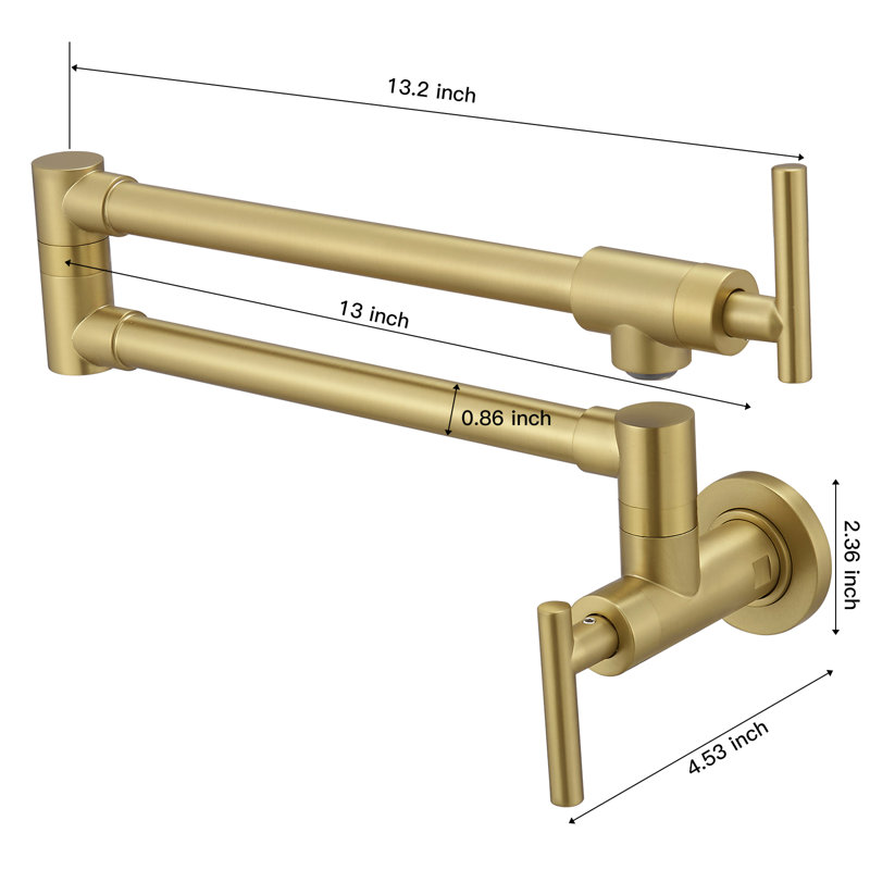 Wall Mount Pot Filler Faucet Double-Handle Folding Kitchen Restaurant Sink With Dual Joint Swing Arm Commercial, Brushed Gold