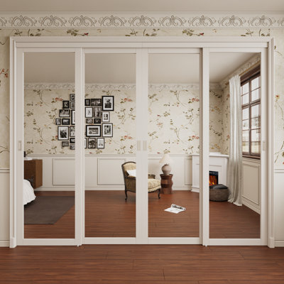120" x 96" H Primed 4 Panels Mirrored Sliding Closet Doors with Hardware & Handles for Room Divider 
