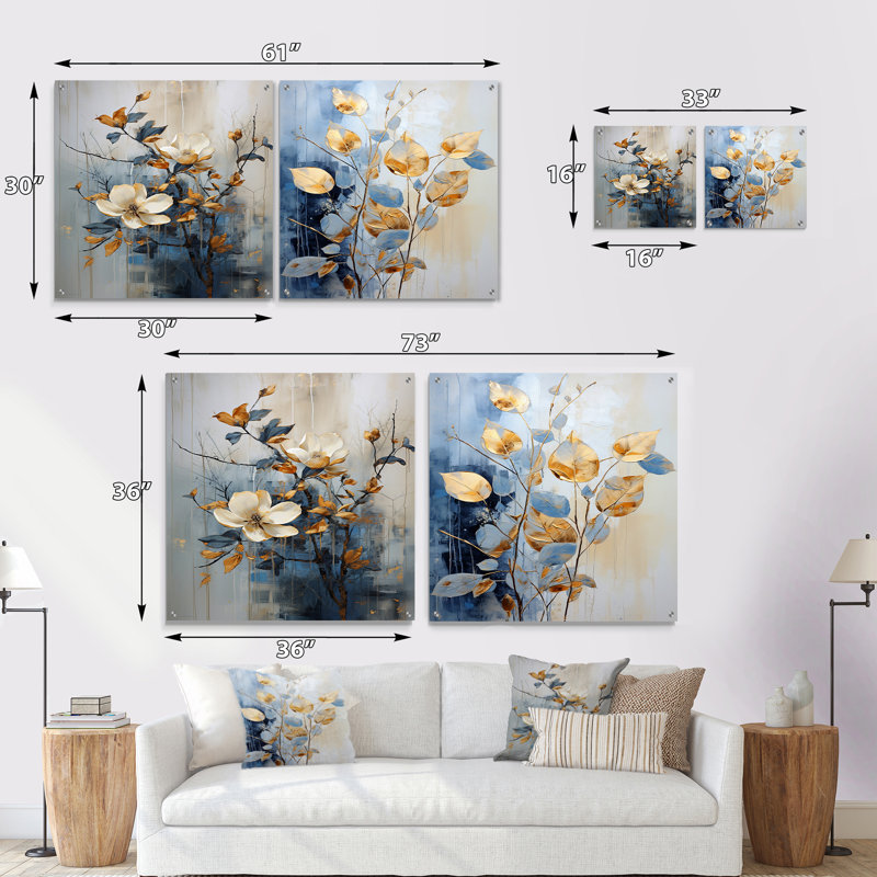 Ensemble de 2 fleurs murales en acrylique beige et bleu, H 30 po x l 61 po