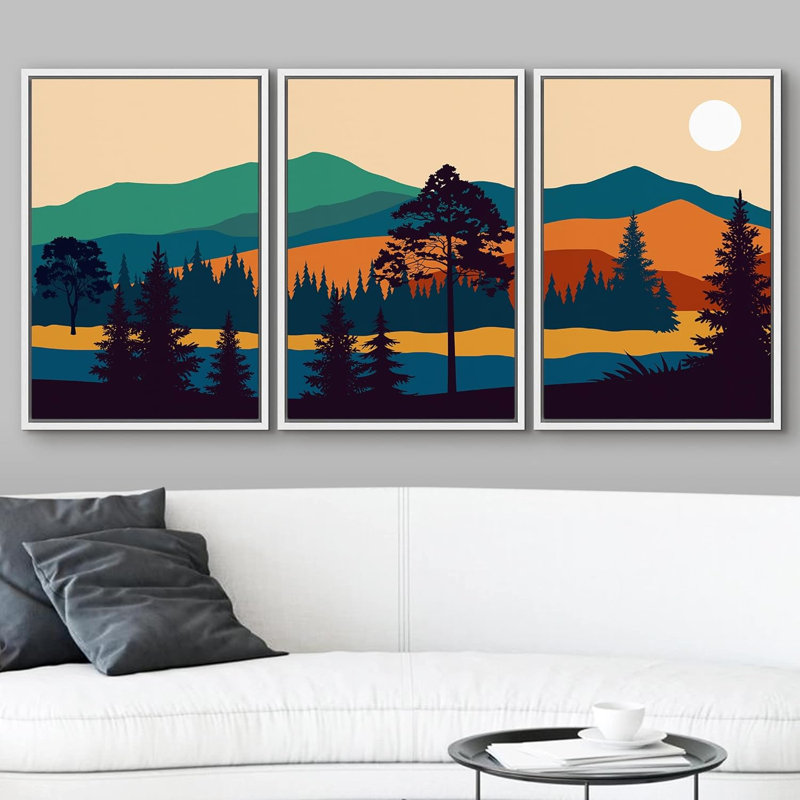 Abstract Mountain " Geometric Sunset Mountain Forest Abstract Nature " 3 - Pieces, Blanc, H 36 po x l 24 po x P 1,5 po
