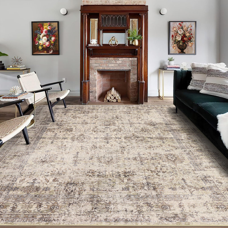 Machine Washable Rug Oriental Vintage Non-Slip Low Pile Rubber Backing Area Rug for Living Room Bedroom Kitchen Dining Room