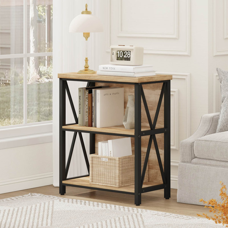 Guinna Industrial 3-Tier Low Bookcase, Wood And Metal Bookshelf For Small Spaces, Living Room, Bedroom, Office, Rustic Oak