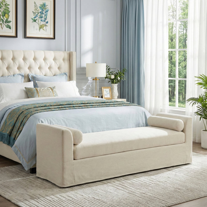 Banc moderne en chenille avec accoudoirs et deux coussins, Beige