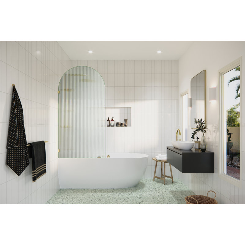 Maven 34 in. x 66.75 in. Frameless Arched Fluted Single Fixed Bath Panel, Polished Brass