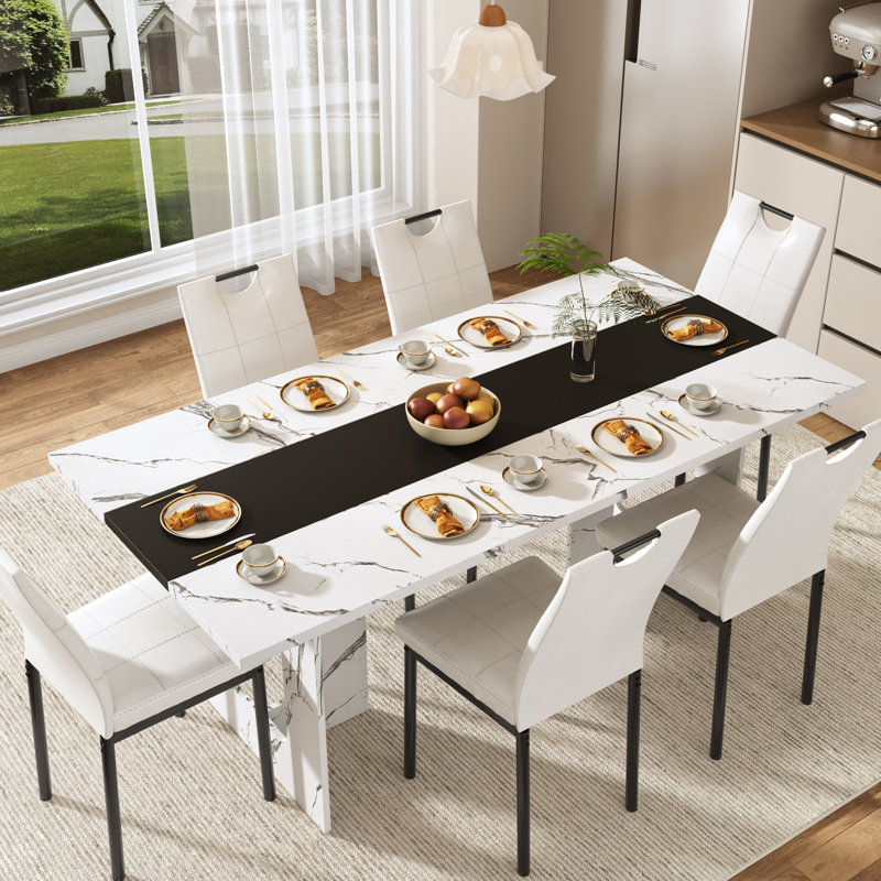 Ensemble de table et chaises de salle à manger 7 pièces, table de salle à manger rectangulaire de 71 po avec pieds en bois, table de cuisine avec 6 chaises pour la salle à manger, le salon, le restaurant ou la cantine