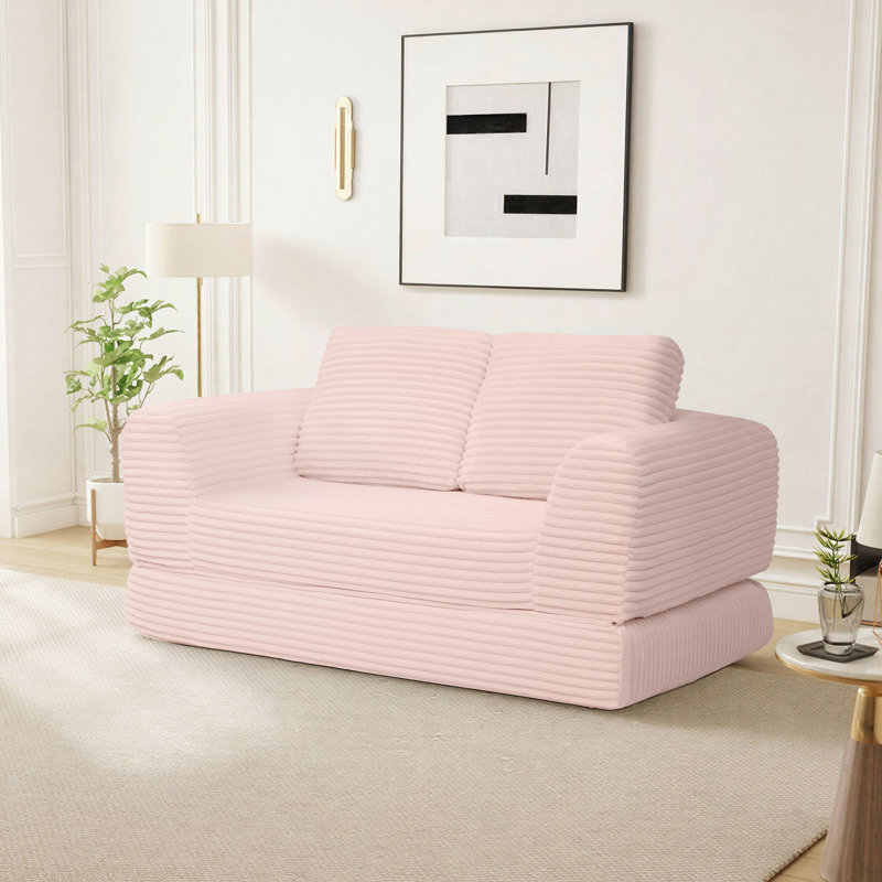 Boneless Cloud Compression Convertible Floor Sofa Bed, High-Density Sponge & Corduroy Fabric Futon Loveseat, Pink