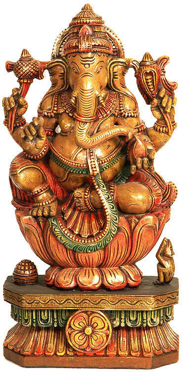 Statue de Ganesha en bois du Sud de l'Inde du Sud, Figurine de divinité indou sculptée à la main en forme de lotus assis de lotus de 24 po Chaturbhuja