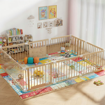 Natural Pine Wooden Baby Playpen, 96"×64" Extra Large Playpen for Babies and Toddlers, Indoor Play Pen for Kids Activity Center, Portable Natural Wood Fence
