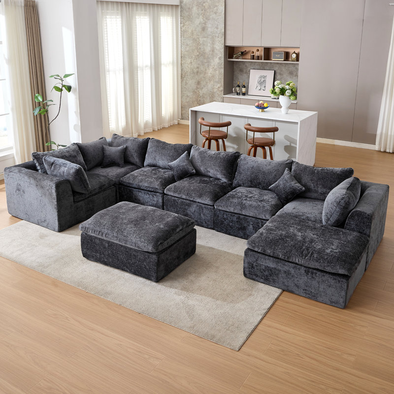 8-Piece Modular Compression Upholstered Sectional Sofa, 25.6" H x 145" W x 113" D, Gray Chenille