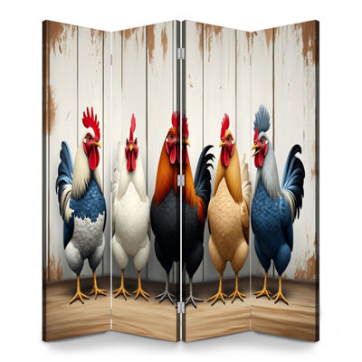 Paravent rustique à 4 panneaux avec paravents Royal coloré coqs contre toile en bois Séparateur de pièce autoportant