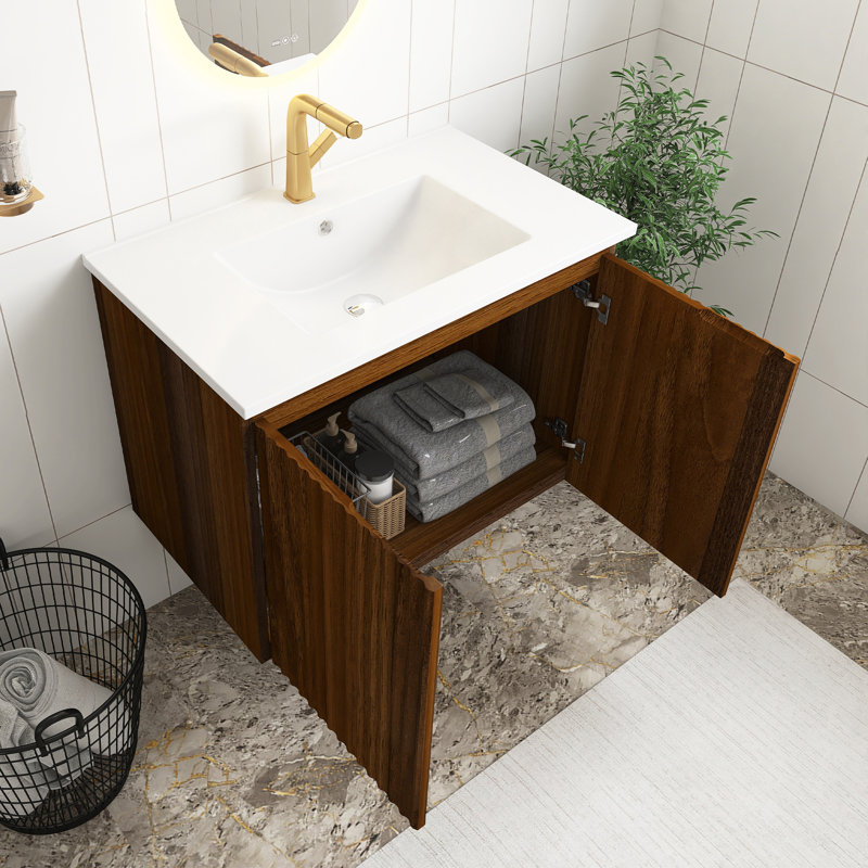 Armoire murale pliante en noyer de 30 pouces avec lavabo en céramique - Économie d'espace et assemblage facile, installation brevetée en 1 minute