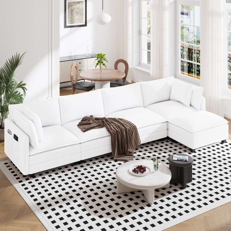 Canapé modulaire en L 143 po avec 1 repose-pieds Cloud, Velours côtelé blanc