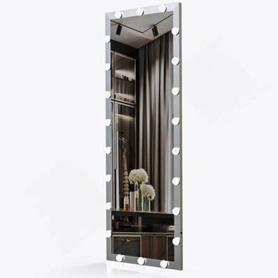 Wall Standing Bedroom Hotel Full Length Mirror With LED Bulbs Touch Control Full Body Dressing Hollywood Vanity Mirror With 3 Color Lights