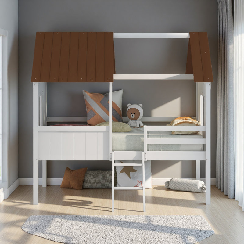 Twin Size Low Loft Wood House Bed With Two Side Windows, Brown/White
