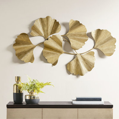 Décoration murale en or doré à motif de feuilles de ginkgo - longueur de 43 po, hauteur de 23,5 po, profondeur de 1,6 po, ornement décoratif d'intérieur long, haut, profond, nettoyage des taches seulement pour